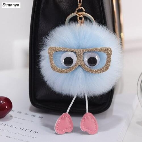 Wear glasses Animal Keychain 8cm Faux Fur Pompom ball Key Chain Lovely Car Key Ring Pendants female Bag Charms Accessories K1675