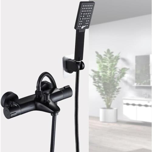 Black Thermostatic Bathtub Faucet Wall Mounted Two Function Bathroom Tap Lead-free Brass Body Easy To Install