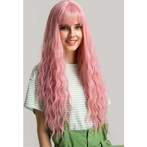 24" Long Wavy Wig With Neat Bangs Silky Full Heat Resistant Synthetic Wig for Women Girls- Natural Looking Body Wavy Wigs