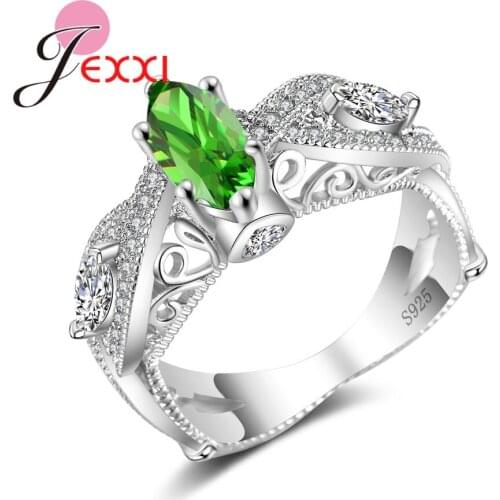 Geometric Green Austrian Crystal Party Ring Jewelry Women Anillos Bijoux 925 Sterling Silver Wedding Rings Accessories