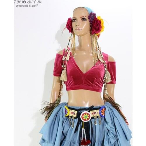 Belly Dance velvet Fat Chance Tribal Choli costume short drop sleeve top CJJ32