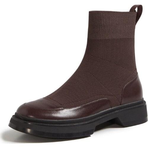 Fashion Thick-soled Womens Boots; 2020 Fall/winter British Style Stretch Cloth + Cow Split Leather Large Size 43 Womens Shoes