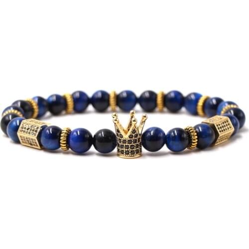 Trendy 8mm Natural blue Tiger eye stone bead Bracelets Bangle Pave CZ 4 color Crown bracelet for Men&Women DIY classic Jewelry