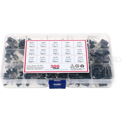 300pcs 15 Values 0.1uF-470uF Mix Electrolytic Capacitor Kit With Storage Box