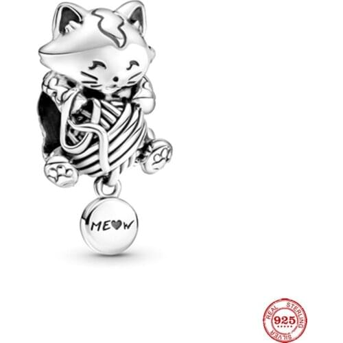 New Original Silver Color Cat Meow Bead Fit European Pandora Charms Bracelet Bangles Jewelry Diy Accessories P740
