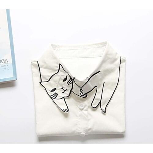 England Retro Original Fake Collar Detachable Lapel Shirt Cute Cat Embroidery White Chiffon Collar Womens Clothing Accessories
