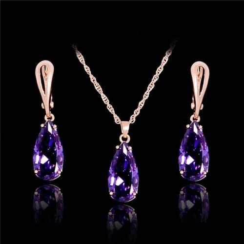 QCOOLJLY Shiny Water-Shape Cubic Zirconia Jewelry Sets Gold Color CZ Collar Pendant Necklace Earrings Jewelry Gift bisuteria