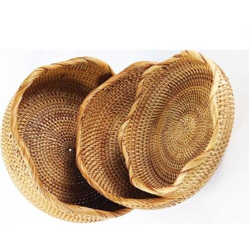Rattan Hand Woven Round High Wall Severing Tray Food Storage Platters Plate with Handles for Breakfast, Drinks, Snack for Coffee