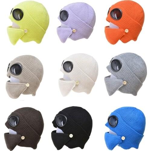 Unisex 2 In 1 Ribbed Knit Beanie Hat Mouth Mask Set Winter Warm Windproof Snow Cuffed Earflap Cap with Glasses Goggles
