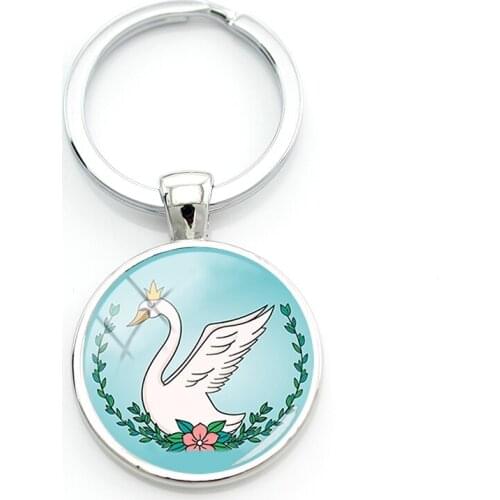 TAFREE Swan With Flowers Leaves Circle Blue Keychain New Bird Patterns Metal Charms Key Rings For 2021 Teachers' Day