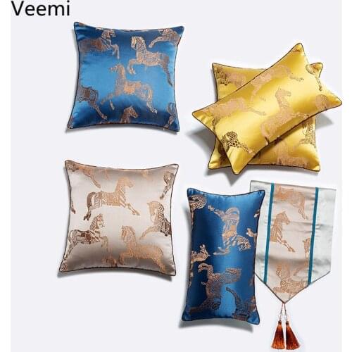 Embroidered Horse Cushion Cover Luxury Satin-like Cotton Fabric Blue Pillowcase Decor for Sofa Waist Pillowcase