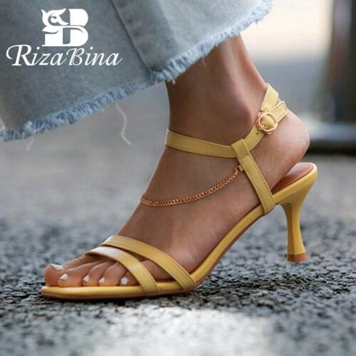 RIZABINA Genuine Leather Sandals Shoes For Women Square Toe Thin High Heels Buckle Strap Metal Chains Ladies Footwear Size 34-39