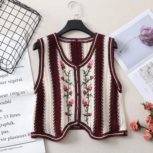 Sweaters Knitted Vest Women Embroidery Single Breasted V-Neck Hollow Out Patchwork Sweet Vintage Girls Art Retro Waistcoat New