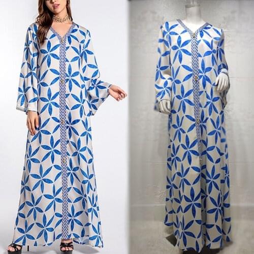 Fashion New Ramadan Eid Jalabiya Print Maxi Dress Women 2021 Loose Arabic Oman Dubai Muslim Islamic Long Dresses Female Clothing