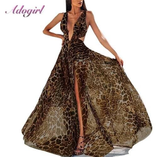 Sexy Leopard Print Straps Bandage Long Dress Women Elegant Chiffon Backless Off Shoulder Night Party Clubwear Dresses Vestidos