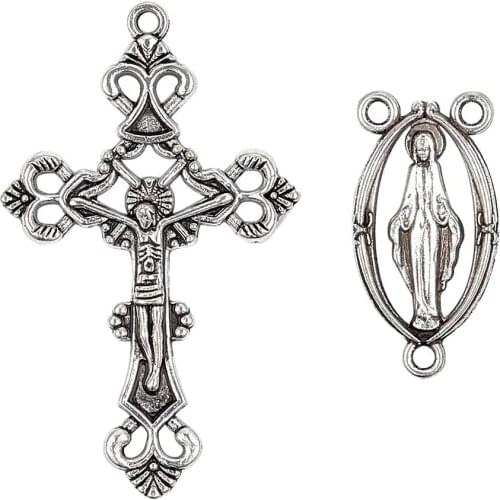 10 set Alloy Antique Silver Color Necklace Pendant Jesus Cross Charm and Rosary Center Sets for Jewelry Making