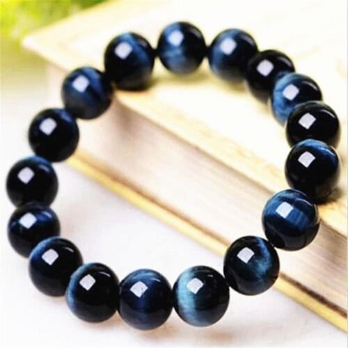 14mm Natural Blue Tigers Eyes Gem Stone Stretch Bracelet For Women Men Powerful Big Round Bead Bracelet