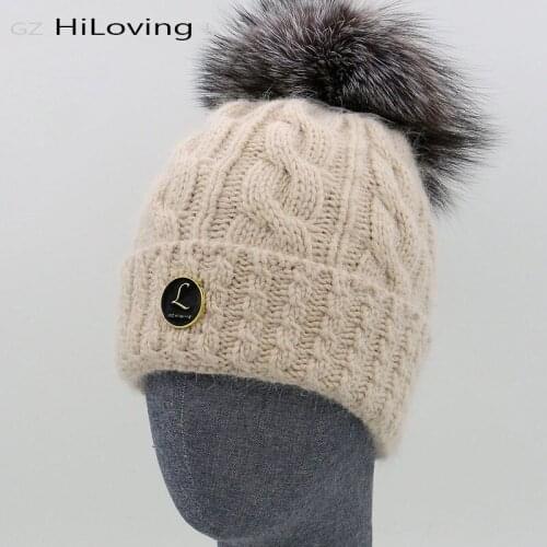 2016 Natural Winter Sliver Fox Fur Pompom Beanie Hats Solid Color Wool Rabbit Women Fox Knitted Hats Soft Warm Skullies Beanies
