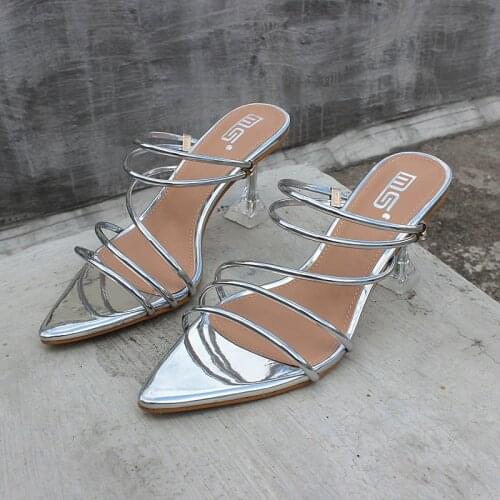 2021 fashion pointed toe crystal high heel shoes female slippers designer luxury ladies party sexy sandals large size 8cm 35-41