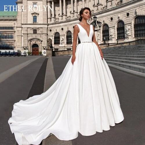 ETHEL ROLYN Backless Satin Wedding Dresses 2021 Vestido De Noiva Ivory A-Line Sleeveless Crystal Sashes Princess Bridal Gowns