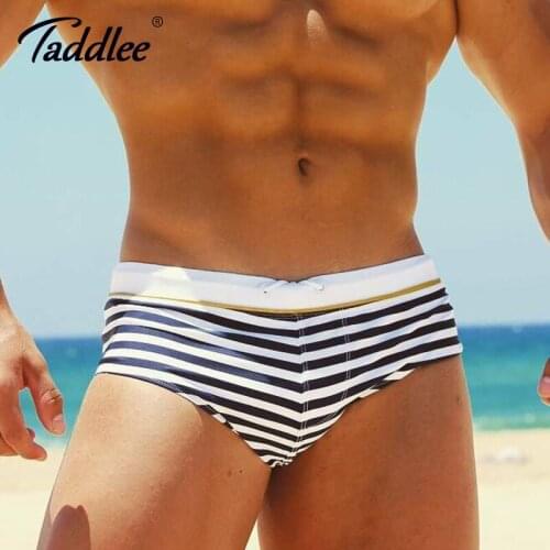 Taddlee Brand Sexy Mens Swimwear Swimsuits for Men Swim Boxer Briefs Bikini Gay Penis Pouch Surf Board Shorts Trunk Strip Print