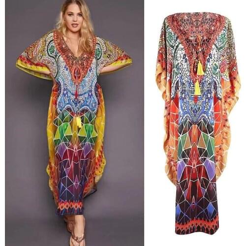 2020 Quick-drying Bikini Cover-up Bohemian Printed Summer Beach Dress Cotton Tunic Women Plus Size Beachwear Swim Suit Cover Up
