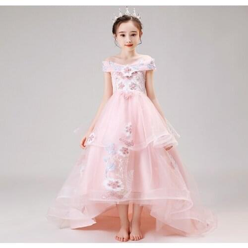 Flower Girl Dresses Ball Gown Boat Neck Sequined Lace Tulle Off The Shoulder Beading Pearls Luxury Princess Kid Party Dress D163