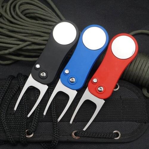Golf Divot Repair Tool Switchblade Pitch Groove Cleaner Golf Pitchfork With 25mm Golf Marker Mini Foldable Golf Accessories