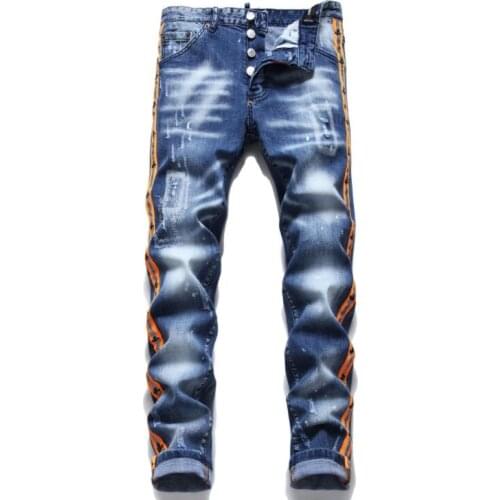 Autumn winter jeans homme mens широкие джинсы new slim white stretch trousers side orange webbing tight beggar pants