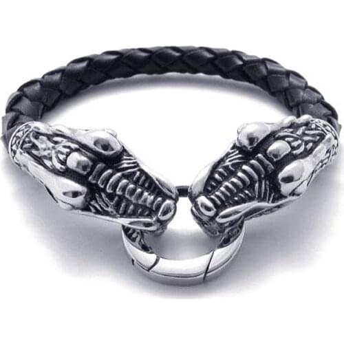 Hot Black Color Men Leather Braided Bracelets Personalized Stainless Steel Dragon Head Bracelet Male Wrist Band Jewelry