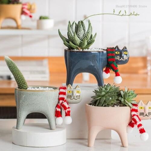 Animal ceramic flowerpot cartoon cat flowerpot lovely vase plant potted garden decoration living room decoration