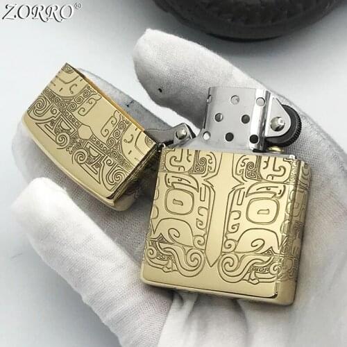 Zorro Kerosene Lighter Pure Copper Brass Carving Classic Bronze Pattern Gasoline Lighter Men Business Gift Outside Tool