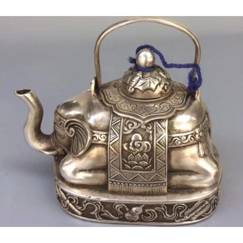 Chinese Collectible Handwork Tibet Silver Carve Flower Elephant Big Teapot craft statue