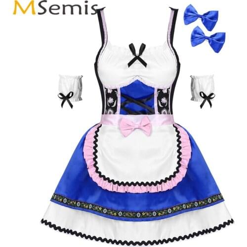 Women Halloween Sexy Role Play Costumes Embroidered Dirndl Girl Cosplay Dress Oktoberfest Babydoll Maid Dress with Apron Sleeves