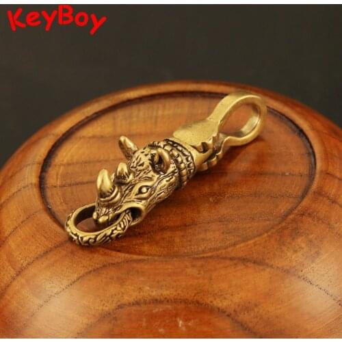 Copper Rhinoceros Head Car Keychain Pendant Waist Buckle Hanging Jewelry Brass Rhino Key Chain Ring DIY Keyring Accessories Gift