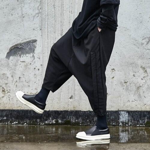 2021 New Men Dark Black Loose Casual Low Crotch Cross Pant Style Kimono Harem Trousers Male Streetwear Hip Hop Punk Gothic Pant