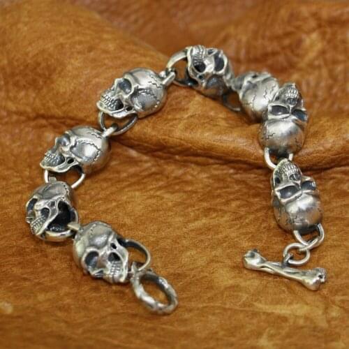 Details Huge Skulls Chain 925 Sterling Silver Mens Biker Punk Bracelet TA182