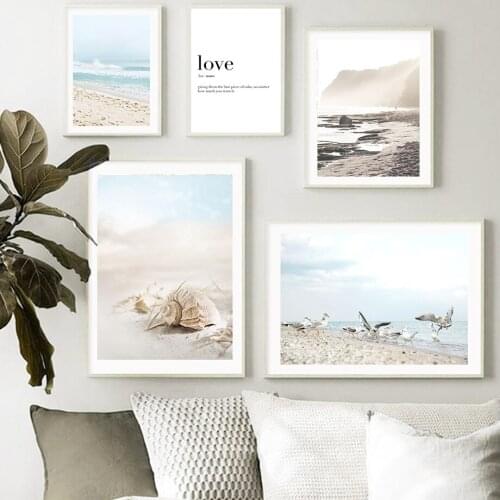 Blue Sea Beach Sky Bird Shell Reed Bridge Wall Art Canvas Painting Nordic Posters And Prints Wall Pictures For Living Room Decor