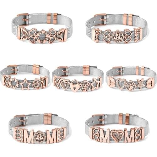 New Design Two-color 10mm Stainless Steel Mesh Bracelets With Love Mom Charm Slide Beads For Women Fashion Jewelry Gift