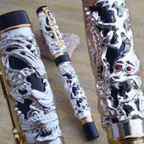 FOUNTAIN PEN 18KGP MEDIUM NIB JINHAO BLACK AND WHITE DRAGON AND PHOENIX