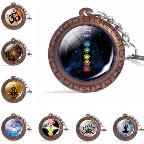 Charm Om Keychain Yoga Jewelry Om Symbol Yoga Pendant Glass Cabochon Wooden Keychain Buddhism Jewelry Women Gifts