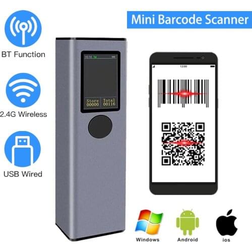 Portable 1D 2D Barcode Scanner Handheld Mini Bluetooth Scanner 2.4G Wireless with Display for Expressman Mobile Phone QR Code