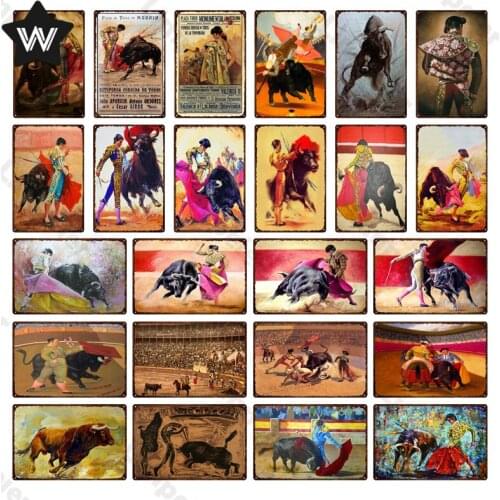 Shabby Chic Bullfight Man Cave Plate Vintage Bull and Warrior Wall Stickers Metal Tin Signs Bullring Arena Decor Plaque Stickers