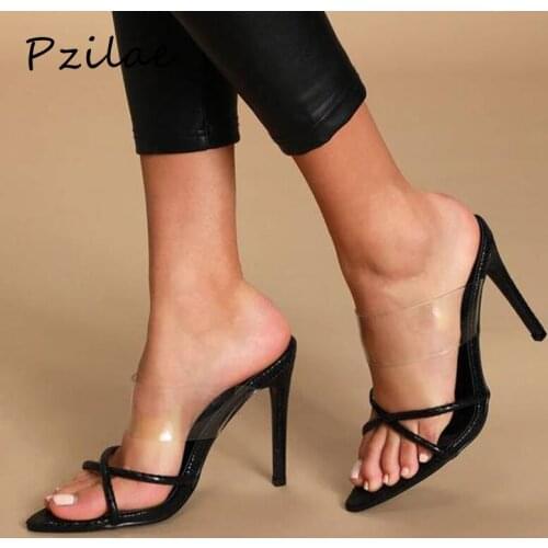 Pzilae 2020 fashion women summer sandals slippers snake print narrow band high heel mules slippers sexy party dress ladies shoes
