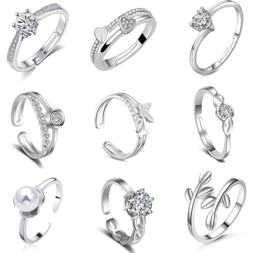 9 Style New Fashion Open Adjustable Ring Crystal Pearl Ring For Women Silver Color Jewelry