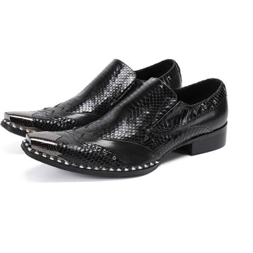 Rhinestone Bordered Men Black Shoes Real Leather Metal Toe Fashion Dress Shoes Rivets Spiked Mens Wedding Loafers High Quality