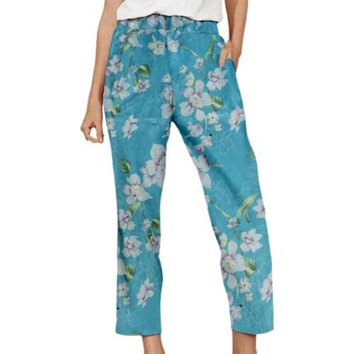 Skin-friendly Simple Elastic Waist Straight Casual Long Trousers Bottoms Women Pants Floral Print for School