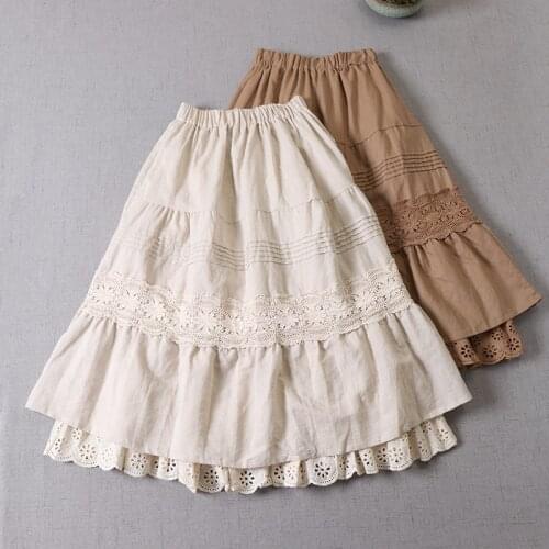Mori Girl Literary Embroidery Hollow out Linen Skirt Summer Autumn Retro Double inner lining Women Skirts