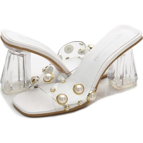 Summer Women Sexy Clear PVC High Heels Sandals Transparent Pearl Crystal Elegant Chunky Heels Party Ladies Shoes With Heels