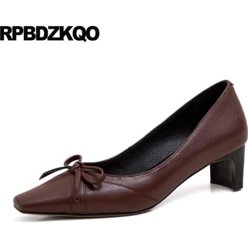 Bow Chunky Square Toe Dress Shoes Women Prom Designer Sweet Cute Retro Female Size 33 Wine Red Medium Heels Pumps Girls High New
